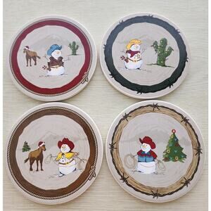 Coasters-Stoneware-Cowboy Theme-Snowman-Cork Backing-Set of 4